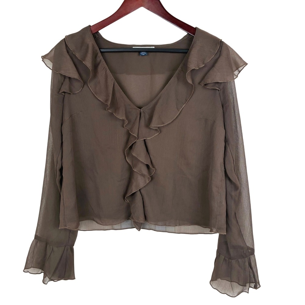 Vtg Y2K 90s Top Sz S Boho Ruffle Front Long Sleeve Poet Romantic Flowy Brown
